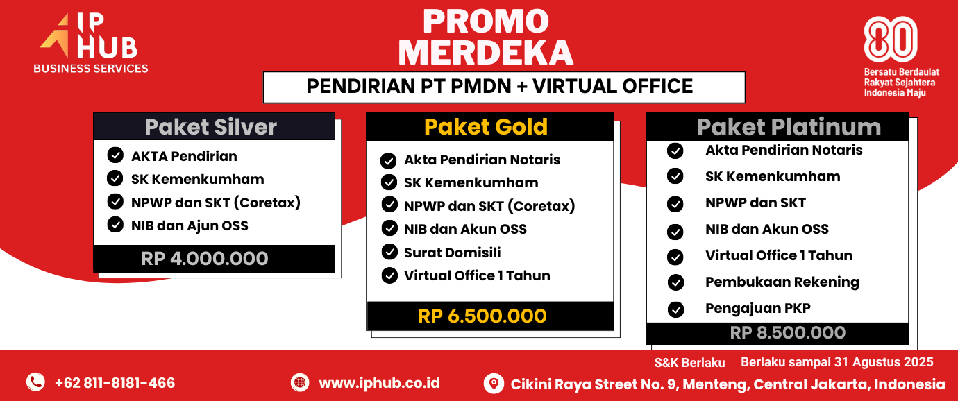 <p><b>Special Independence Day Promo!</b></p><p><b>Company Establishment (PMDN) and Virtual Office</b></p><p><b><br></b></p><p><b>Contact Us for More Information</b></p>